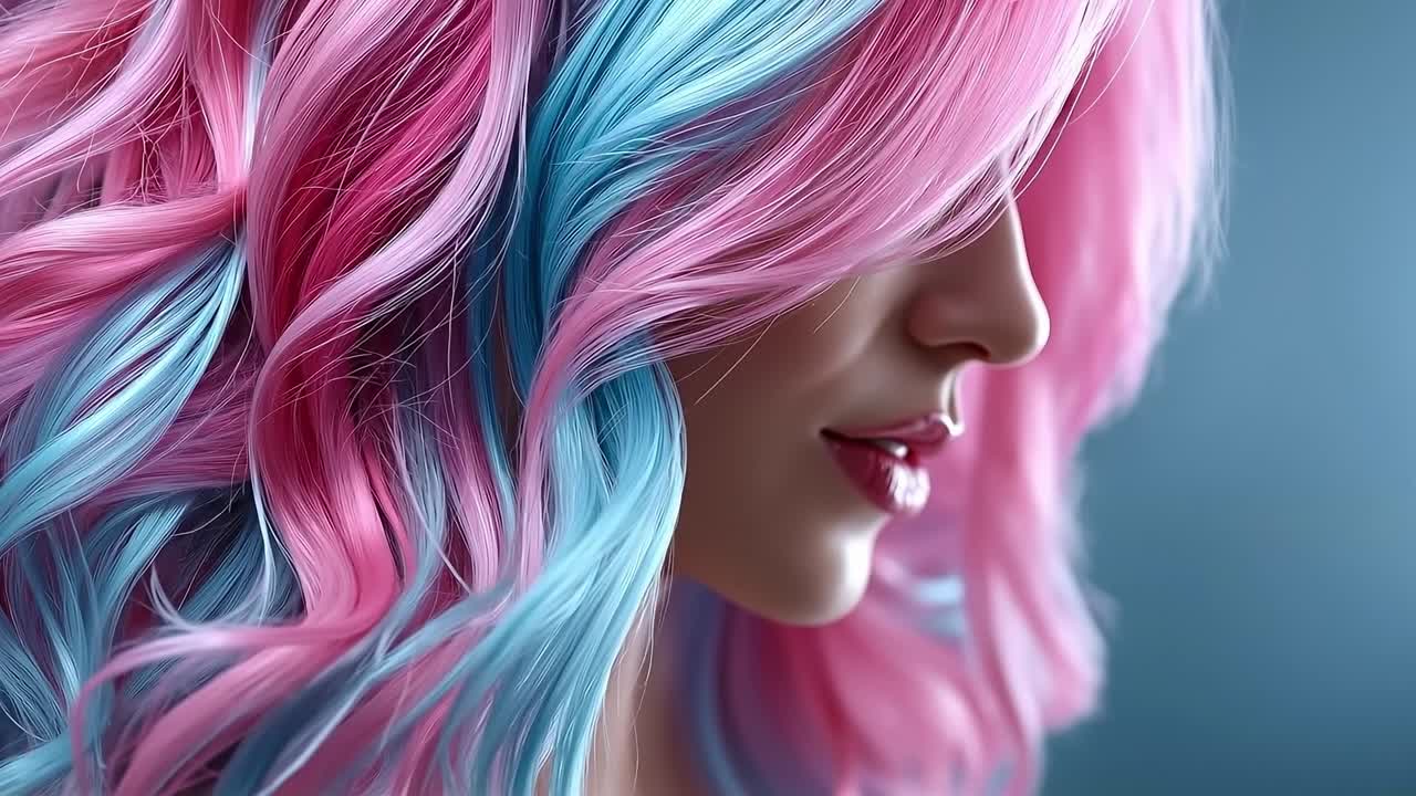A woman with pink and blue hair is looking away from the camera