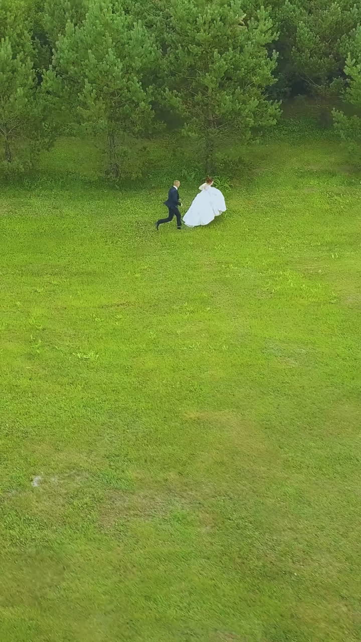 groom follows running happy bride in long dress on green field near forest on nice sunny day bird eye panorama