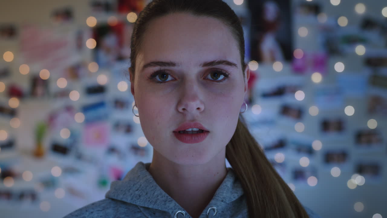 retrato de una hermosa adolescente con aspecto confiado adolescente en casa adolescente concepto de autoimagen 4k metraje