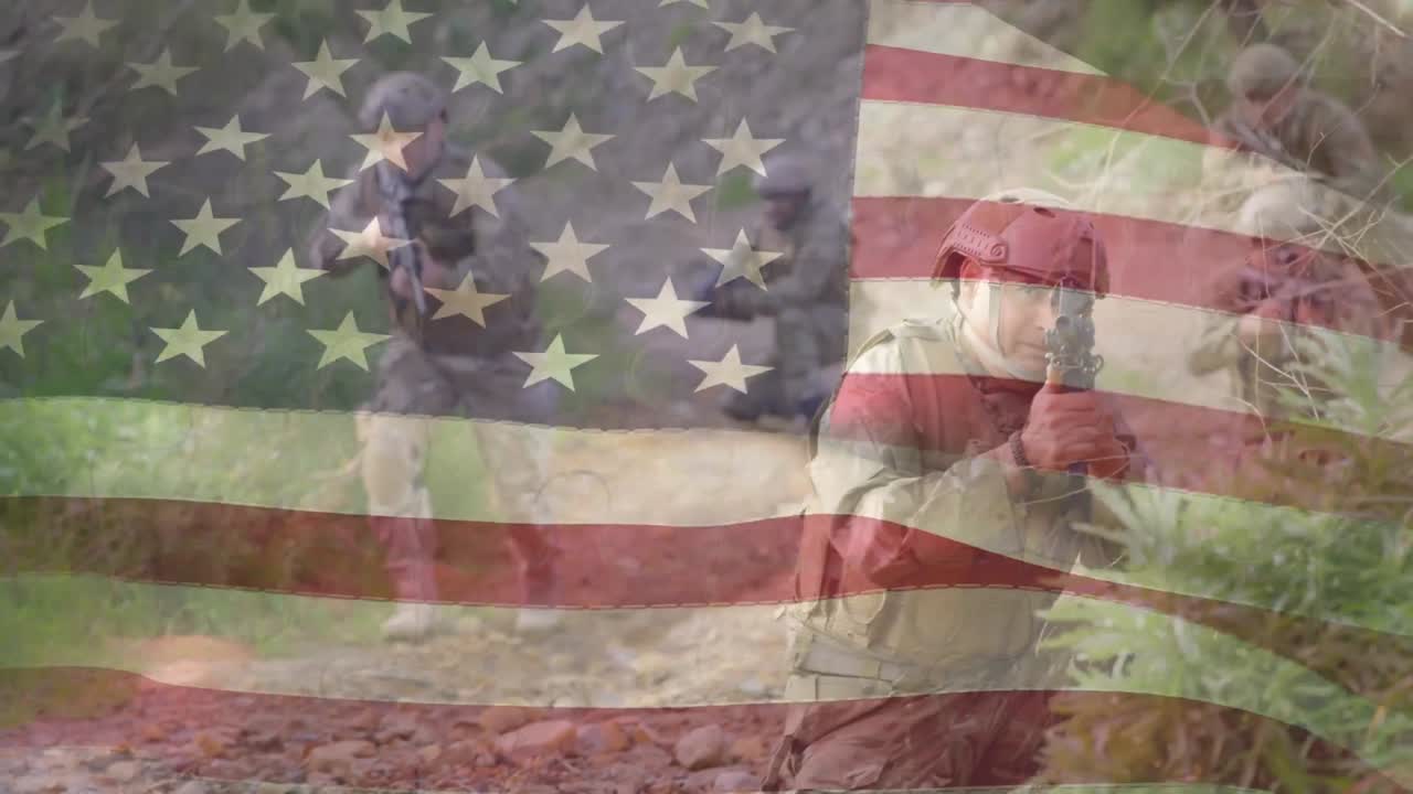 animación de la bandera de ee.uu. sobre varios soldados