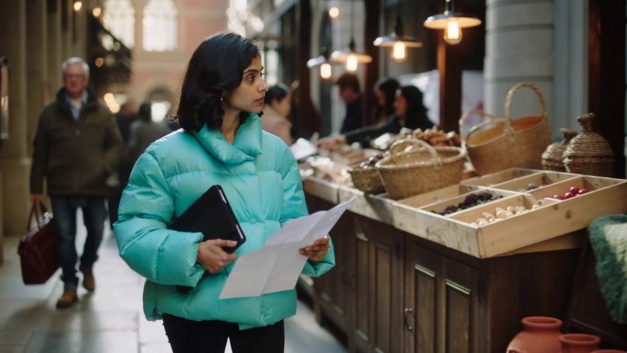 Leggere un foglio bianco, una donna che cammina in giacca color verde acqua che confronta una lista con prodotti del mercato con un raccoglitore nero.