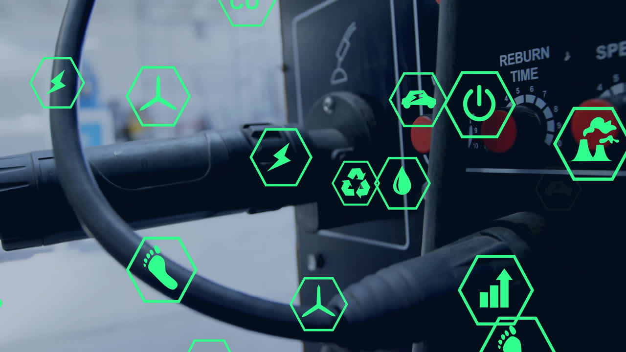Industrial control panel showing reburn time dial spinning with floating green icons over hoses