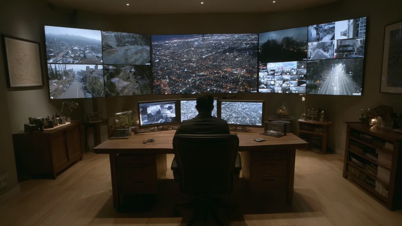 Surveillance Operator Monitors Urban Landscape from Control Center Surrounded by Multiple Screens Displaying Live Feeds in a Darkened Room