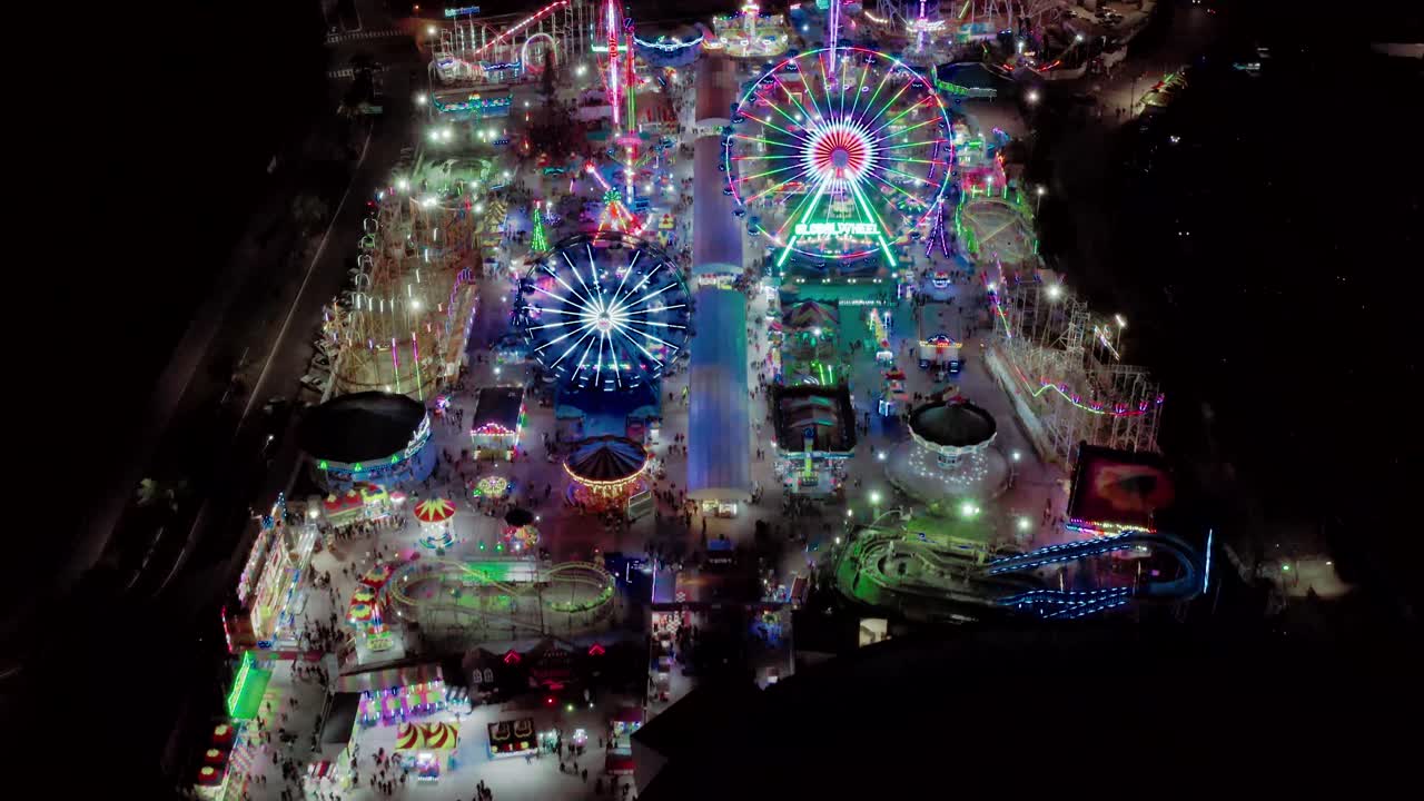Aerial night shot of the fairgrounds at the "Feria de León" in León, Guanajuato, México