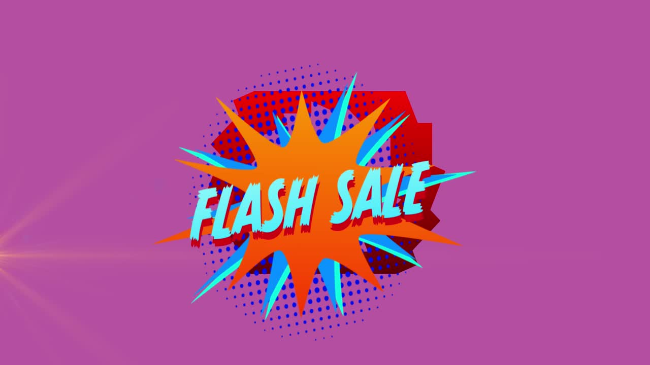 Animation of flash sale text over retro star speech bubble on pink background