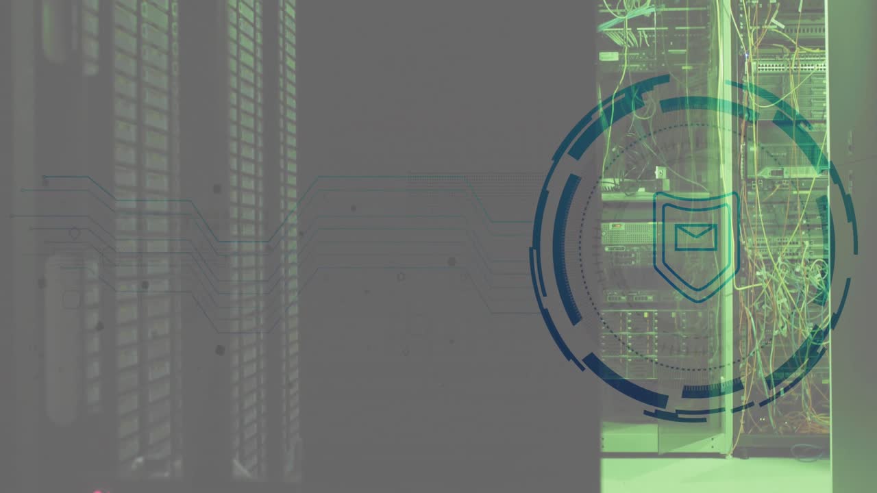 Animation of envelope and shield in loading circles, illuminated data server racks in server room