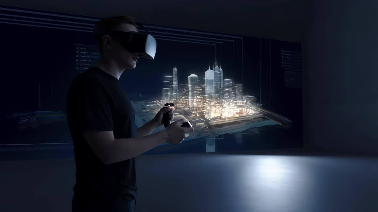 Man using a VR headset to interact with a holographic 3D city model