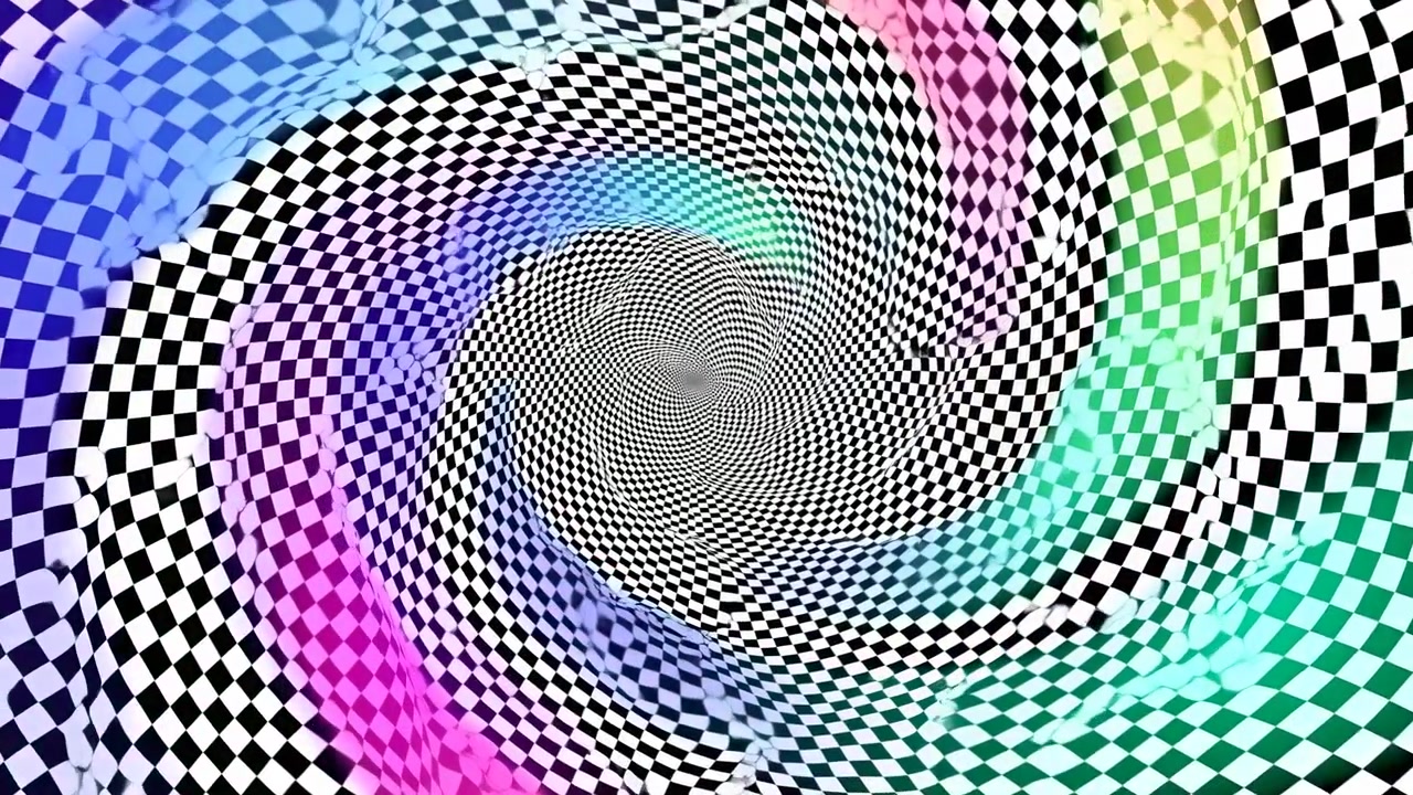 Illusione ottica a spirale a scacchiera colorata, vortice caleidoscopico dinamico con bande arcobaleno vorticose.