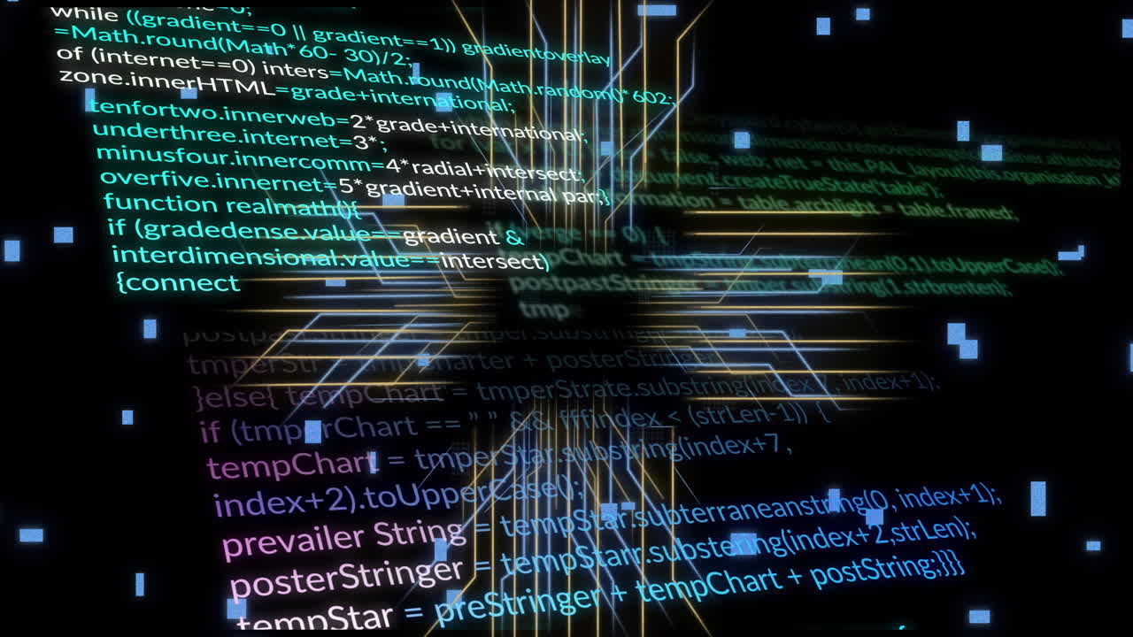 Colorful code lines and geometric shapes, programming and data processing animation