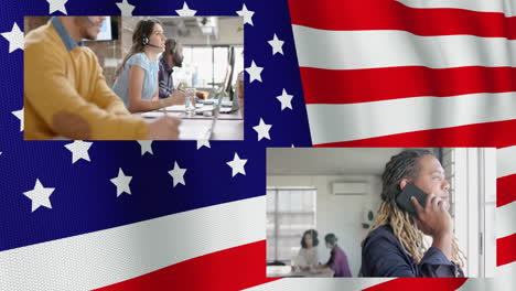 animation of flag of usa over diverse business people in office