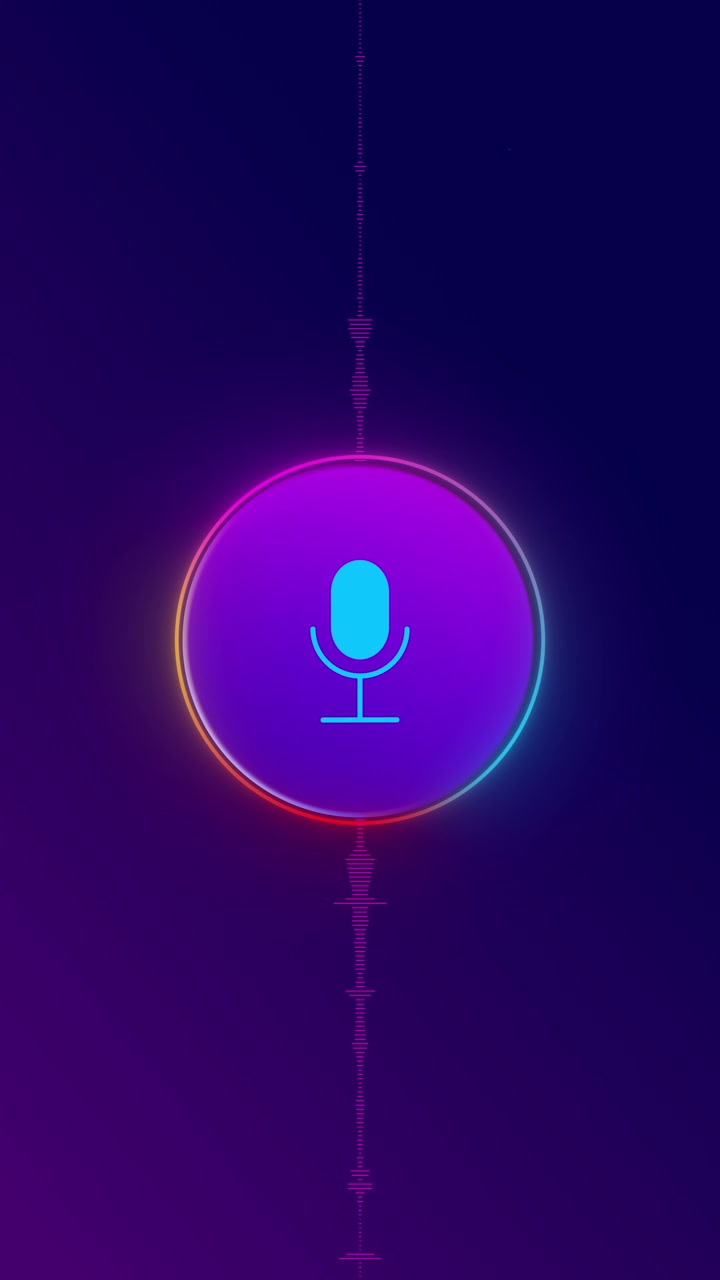Purple voice assistant microphone background glowing cyan icon circular sound button and soft audio