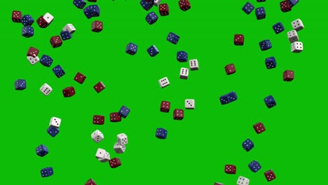 Casino-white,-red-and-blue-dice-falling-down-on-green-screen-3D-animation