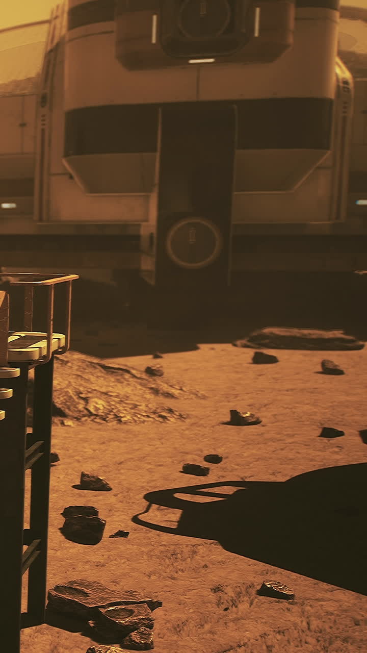 Mars base on rocky terrain with distant structures during sunset hours
