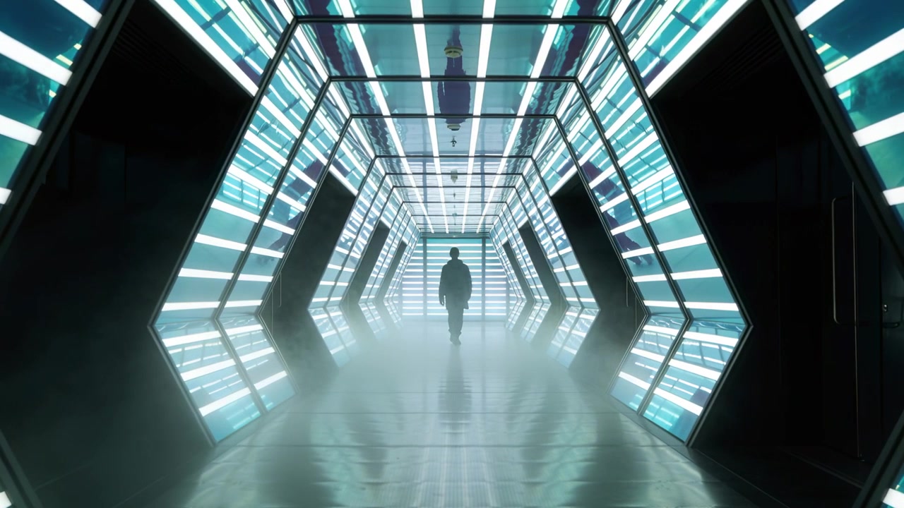 Gående hætteklædt figur trækkes mod en åbning i en sekskantet tunnel, med LED-strips, spejle og tåge.