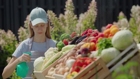 a child sprays vegetables with water, helps to sell at a farmers market