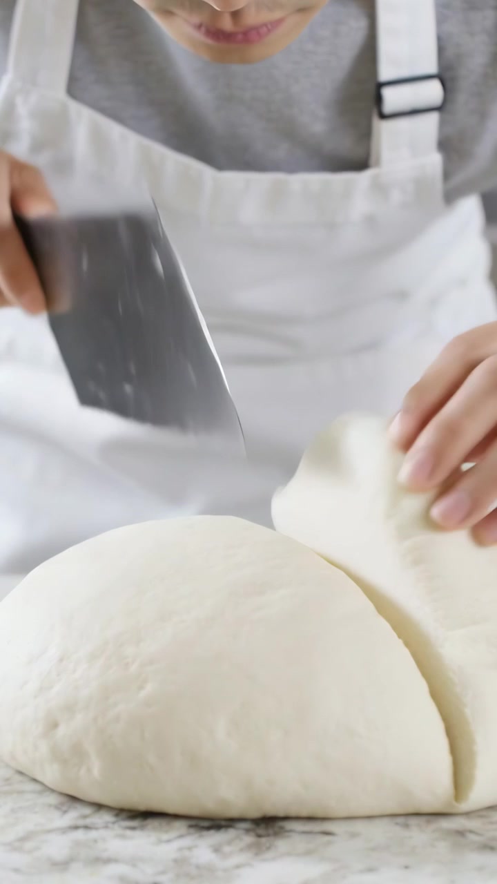 Vertical video: Cutting baker in white apron portioning rested dough on counter with scraper