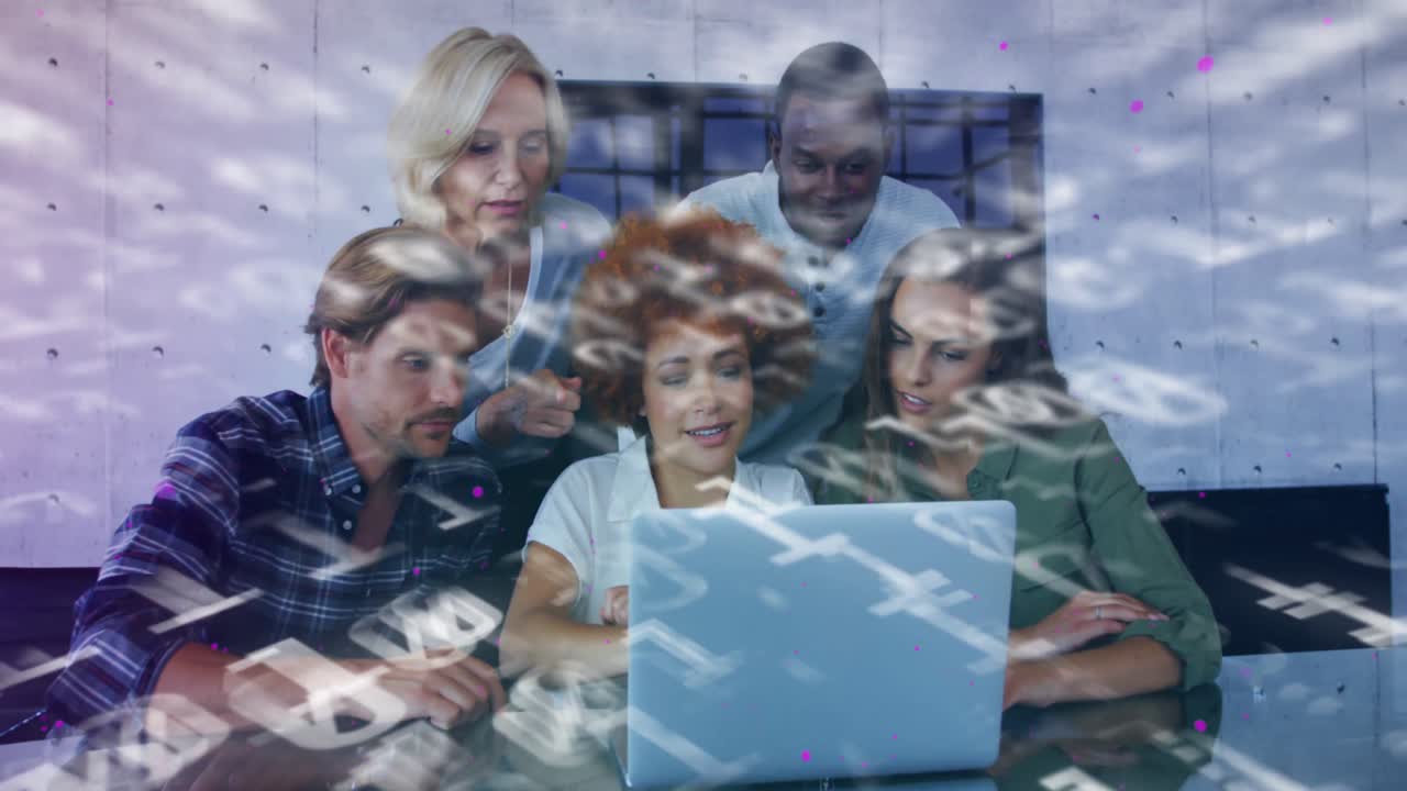 노트북을 사용하는 학생 그룹에 대한 바이너리 코딩의 애니메이션