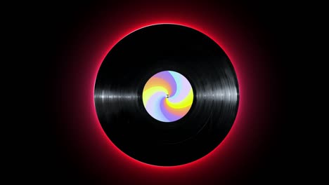 disco de vinilo de línea de neón brillante con pegatina colorida girando en aislado sobre fondo negro. versión 2