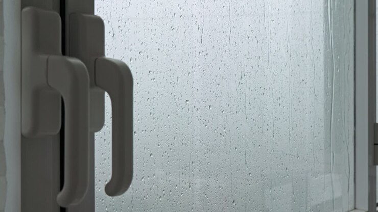 Rain drops on window with handle. Rainy weather. Closeup