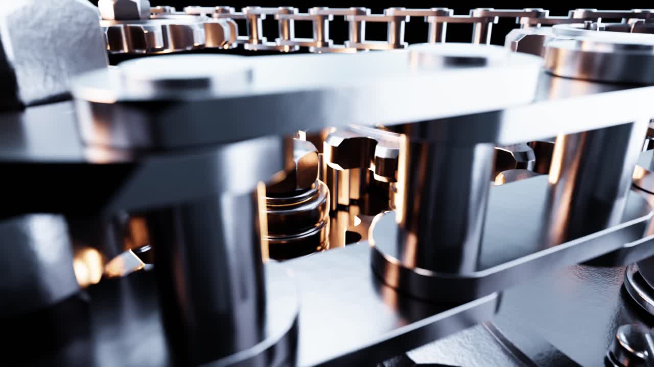 Close-Up View of Intricate Metal Gears and Chain Mechanism Rotating
