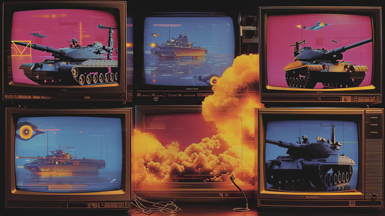 Diversi televisori CRT vintage mostrano carri armati, navi da guerra e aerei con una grande nuvola di esplosione, creando un concetto drammatico di trasmissione e propaganda in una stanza buia.