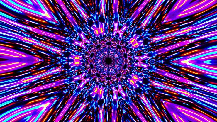 Ornamento abstrato brilhante e colorido de mandala de raios de néon. Composição de estrela geométrica complexa 4K com ciclo de cores. Fundo de gráficos em movimento multicoloridos com transformação geométrica. Loop VJ contínuo.
