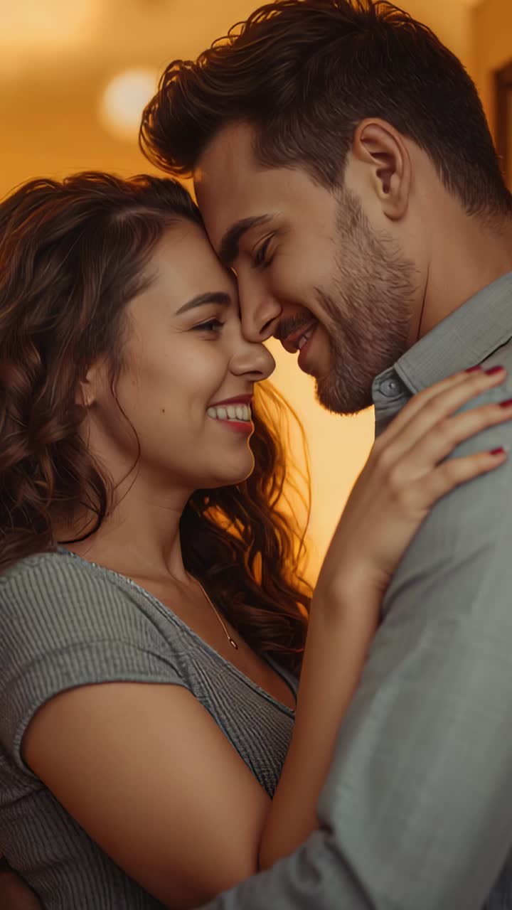 Vídeo vertical: Pareja inclinada acercándose en casa tras un abrazo por amor, colgante, uñas, camisa