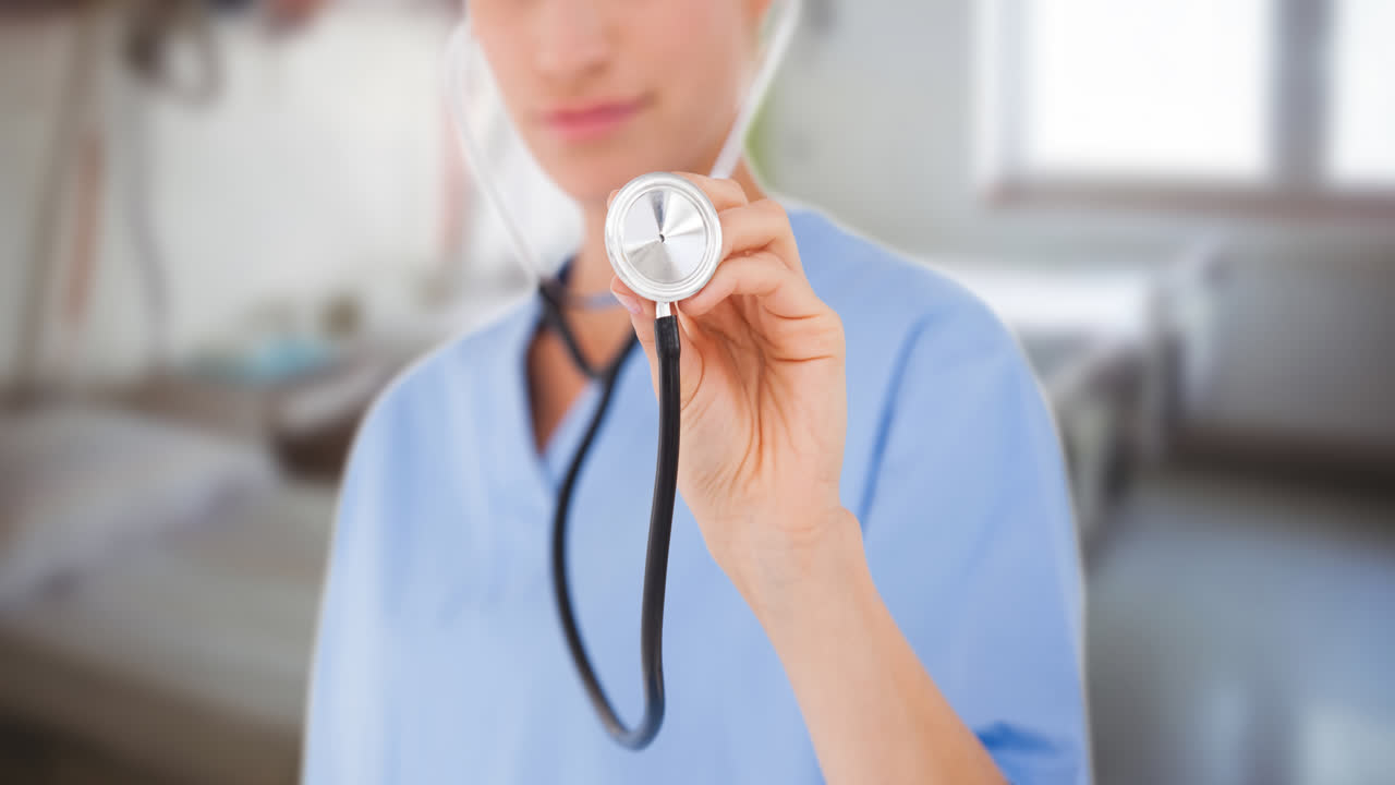 Animation of smiling caucasian female doctor with stethoscope over patient room