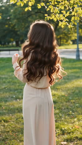 smiling young girl with flowing hair in a park