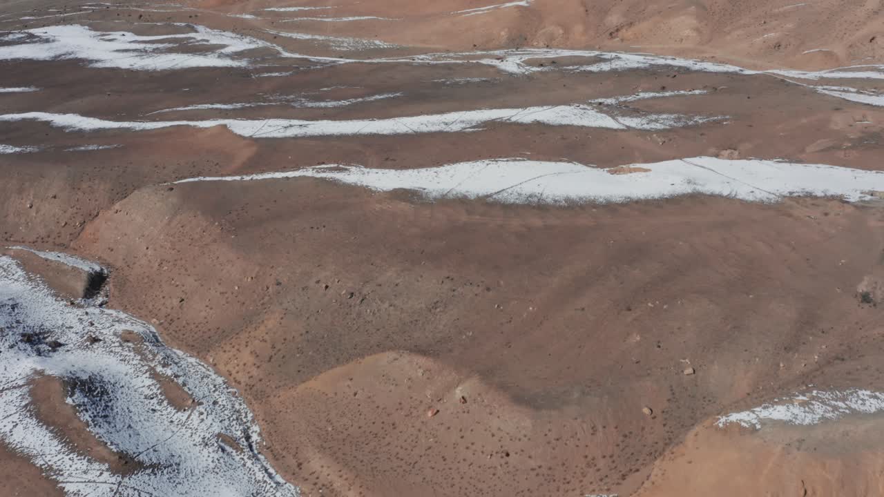 Aerial view of rugged high altitude terrain with scattered snow lines and dry earth textures under clear daylight