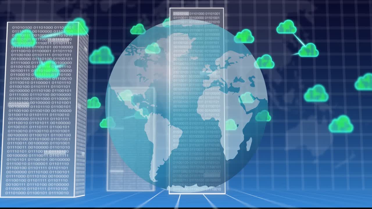 지구, 구름 및 바이너리 데이터의 애니메이션 그리드 및 세계 지도