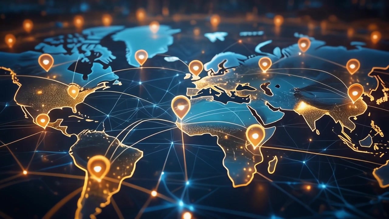 Digital World Map with Glowing Connection Nodes and Location Pins