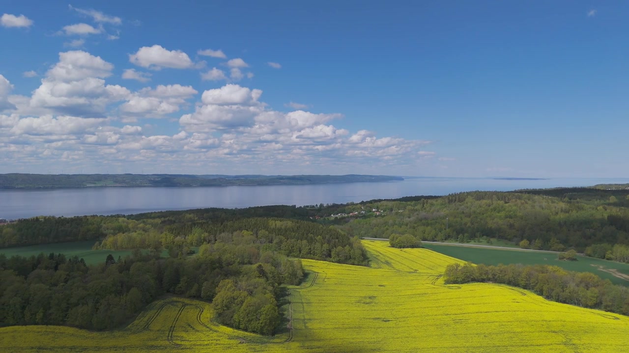 Droneudsigt over skotsk landskab med landbrugsjord, skov og sø. Gule marker, skovområder og ferskvand strækker sig under en blå himmel med spredte skyer