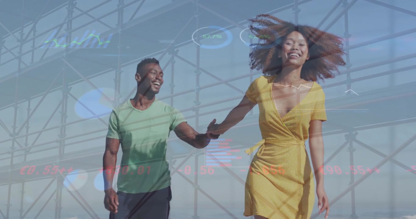 Animation of hud interface, low angle view of bridge, african american couple running at beach