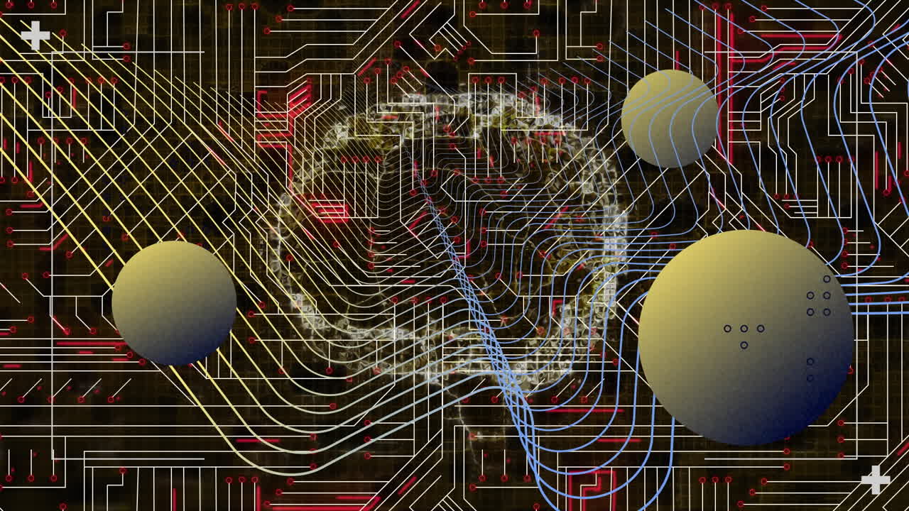 animación de pantalla digital con cerebro, círculos y circuito integrado