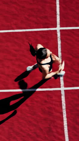 athlete running on a red track from an overhead view