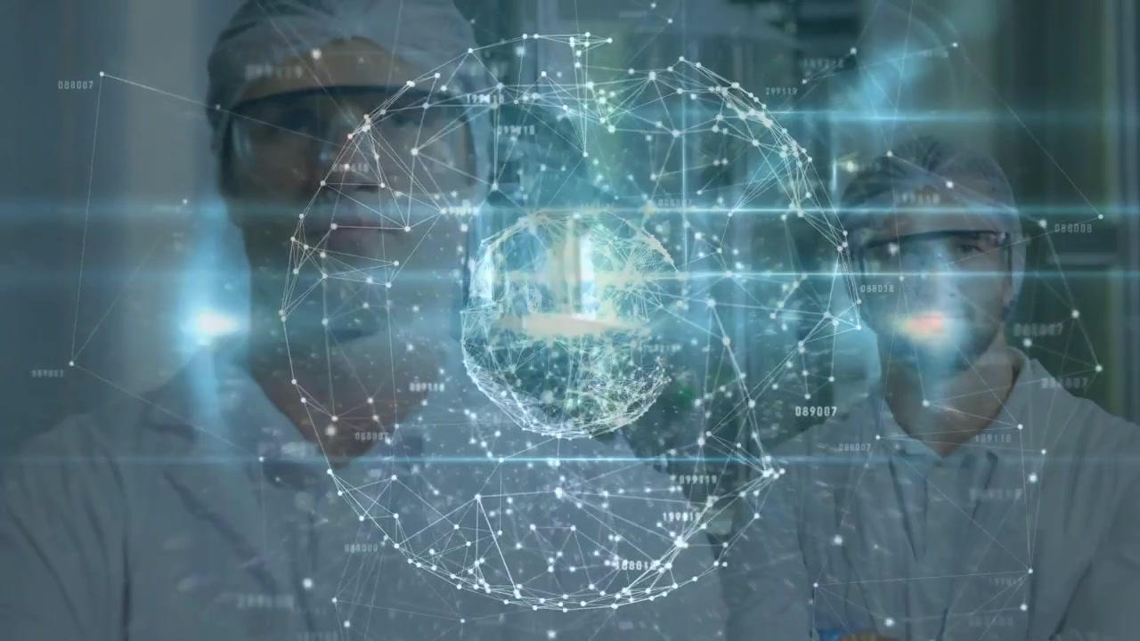Vídeo vertical: Globo projetando, pulsando, dois técnicos em jalecos monitorando dados de nós no laboratório