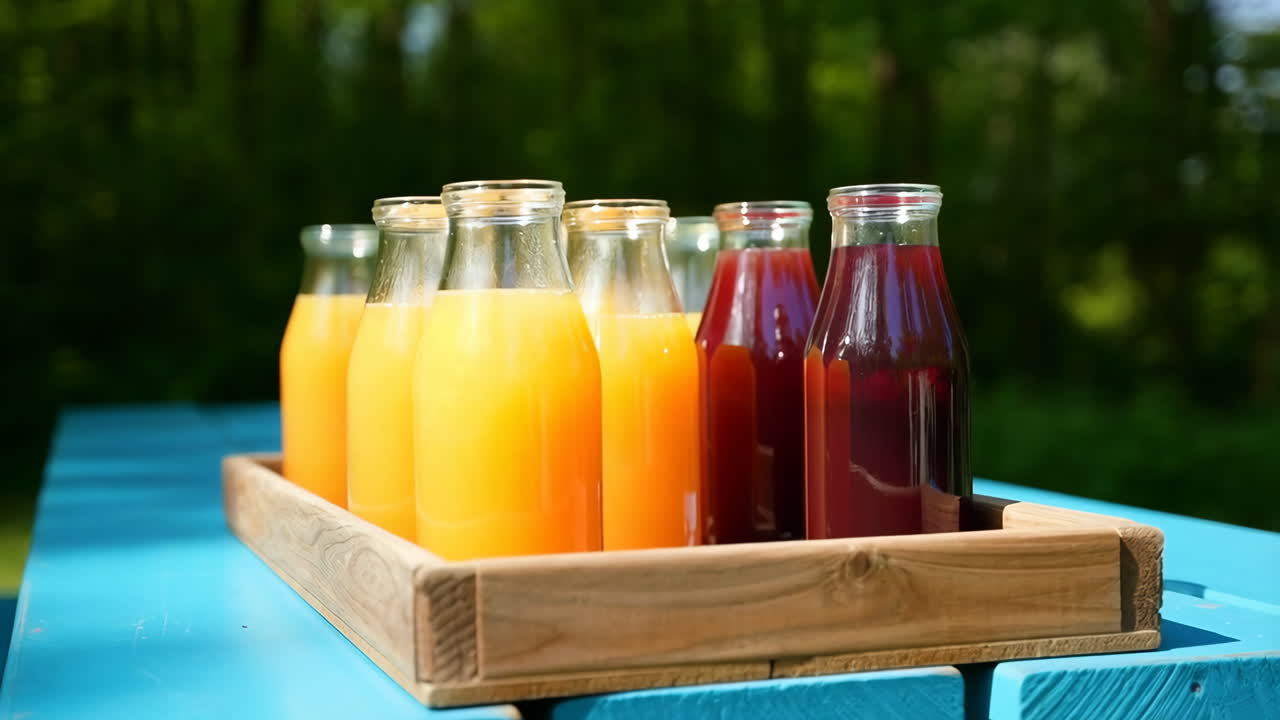 Assorted fruit juices in bottles on a wooden tray outdoors