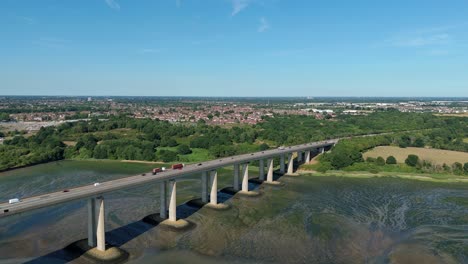 aerial perspective of orwell bridge spanning the river near the strand wetland uk