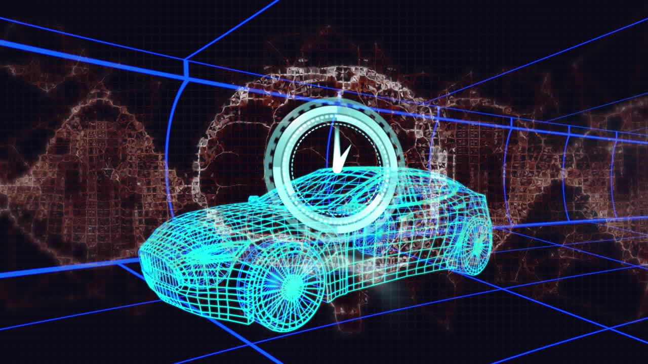 인간 뇌의 애니메이션, dna 줄기의 회전과 시계 오버 3d 드로잉 모델 자동차와 그리드