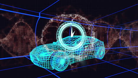 animación del cerebro humano, hilos de adn girando y reloj sobre modelo de dibujo 3d de coche y cuadrícula