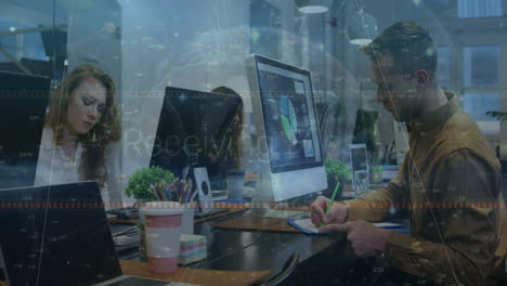 at desks, business professionals processing digital data with animation overlay