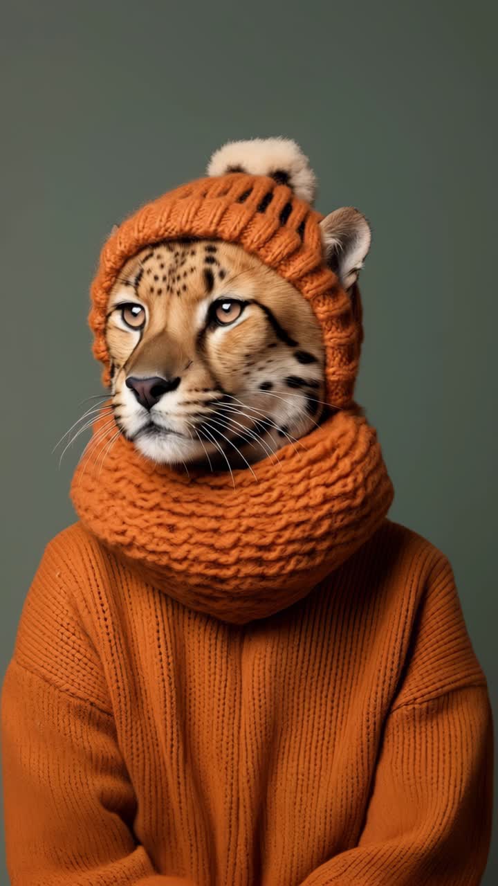 A surreal video concept featuring a cheetah in an orange knit outfit