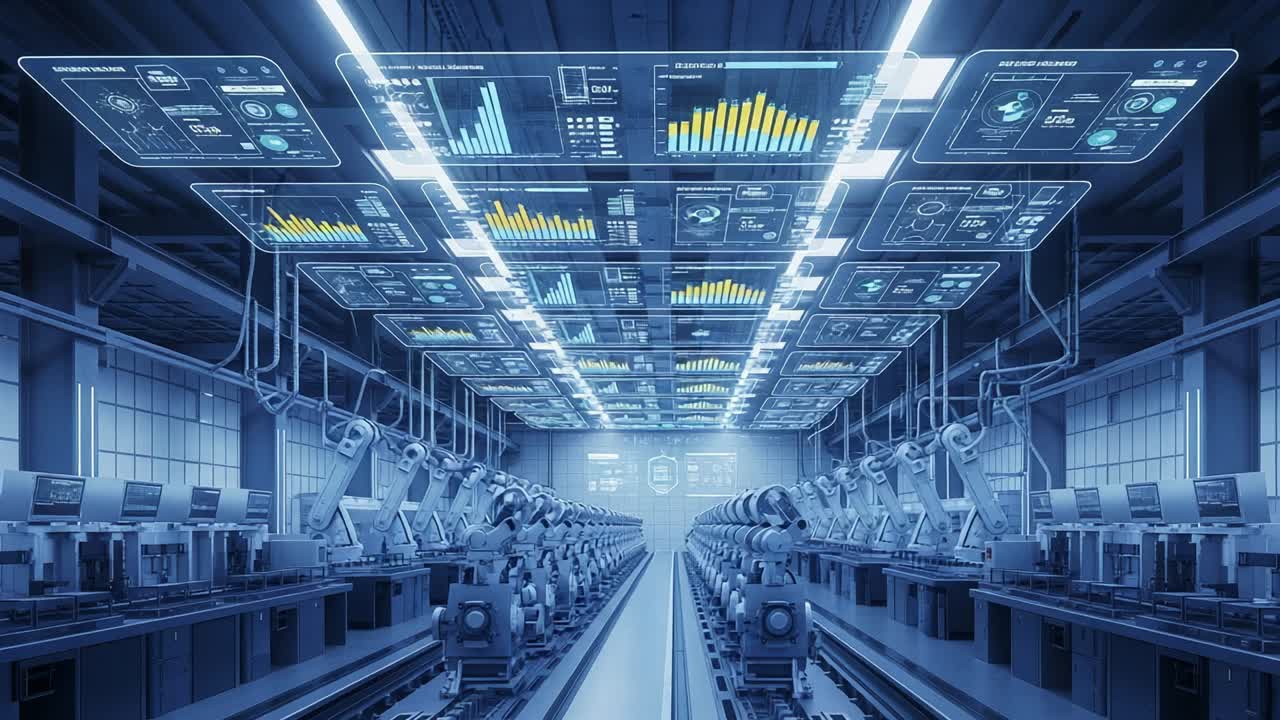 A high-tech manufacturing facility illuminated by intelligent screens displaying real-time productivity metrics and analytics, showcasing advanced robotics and automation in a modern production line environment