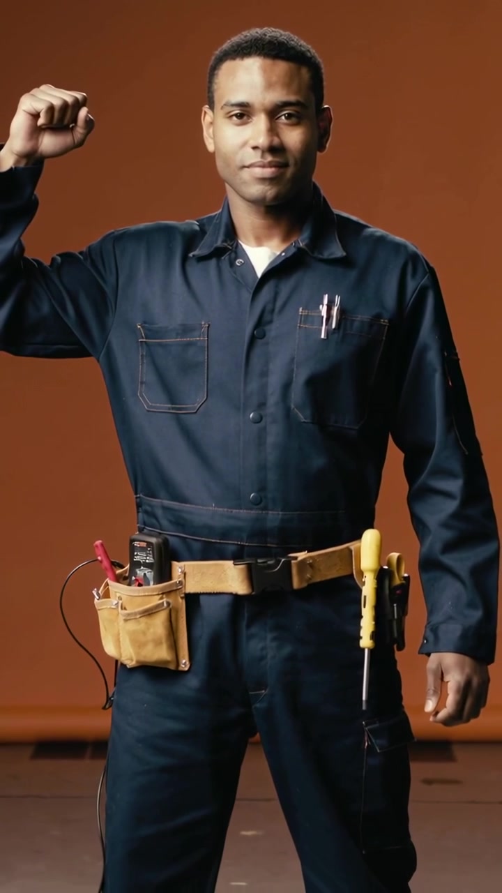 Video verticale: Tecnico pronto in abbigliamento da lavoro blu navy sul set che alza il braccio e posa, mostrando la cintura degli attrezzi.