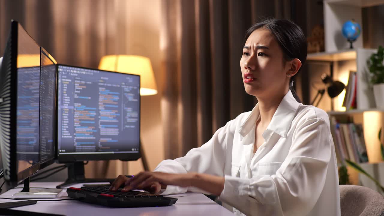 아시아 여성 프로그래머가 무언가에 대해 생각하고 집에서 데스크 컴퓨터에서 앱, 프로그램, 비디오 게임을 개발하는 소프트웨어 엔지니어를 만들면서 지표손가락을 들어 올립니다.