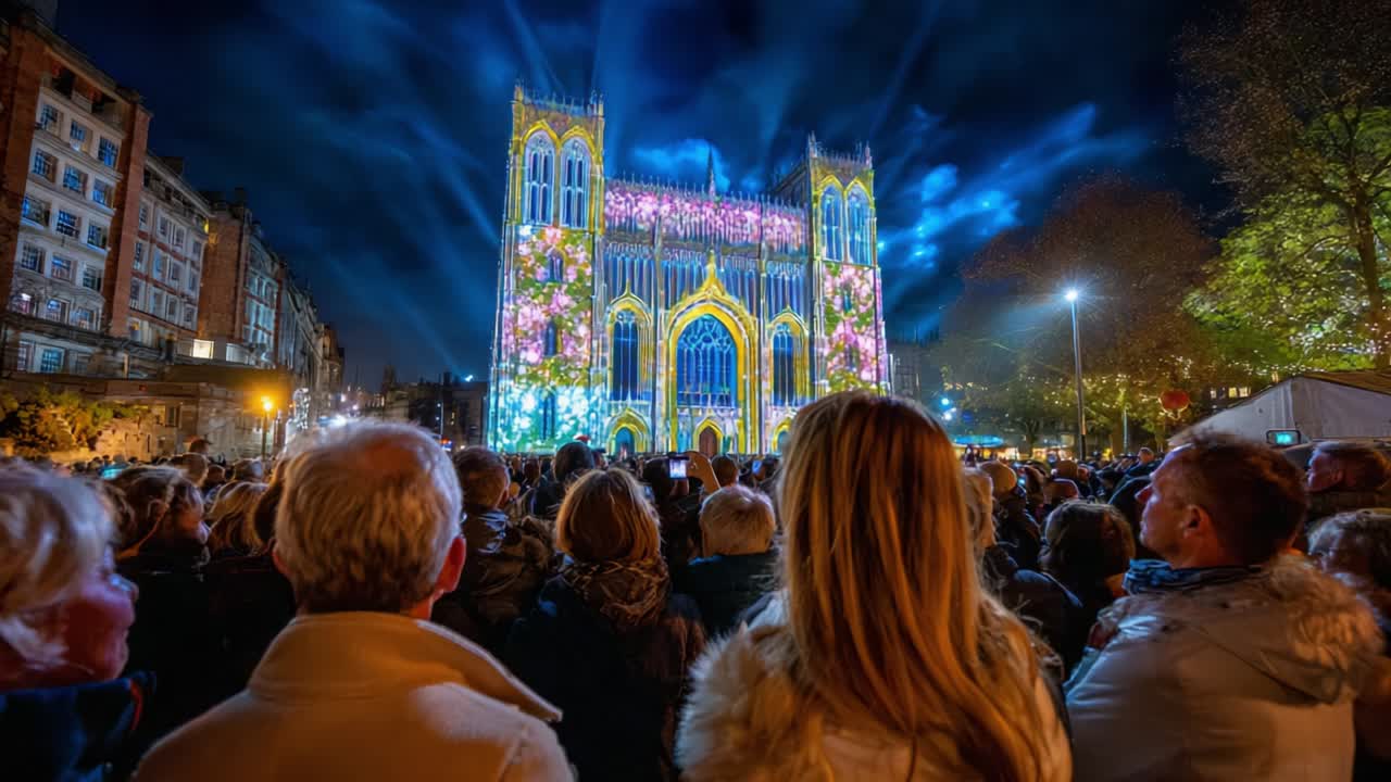 Spectacular Nighttime Illumination of a Gothic Cathedral with Colorful Light Projections Captivating a Crowd of Spectators, Creating a Joyful Atmosphere in the Heart of the City on a Clear Night