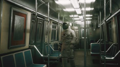 astronaut inside of the old non-modernized subway car in usa