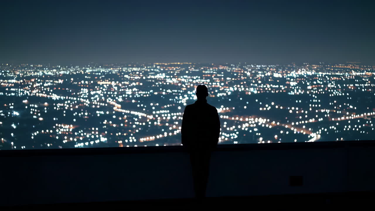 Silhouette of a Person Contemplating a Night Cityscape from a Rooftop
