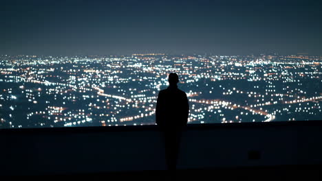 silhouette of a person contemplating a night cityscape from a rooftop